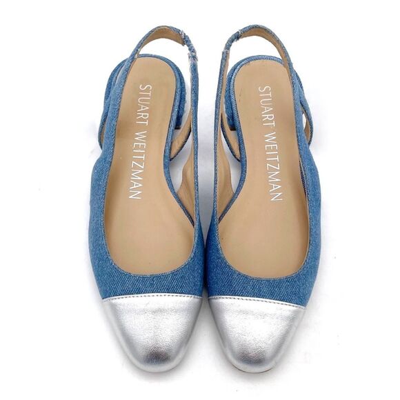 Stuart Weitzman Denim Pearl Slingback Flats Size 6 Silver Cap Toe Made in Spain - Picture 8 of 15